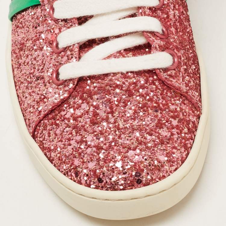 Pre Owned Gucci Pink Glitter Ace Low Top Sneakers Size 37