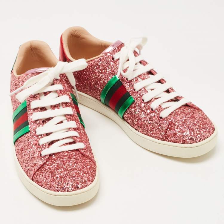 Pre Owned Gucci Pink Glitter Ace Low Top Sneakers Size 37