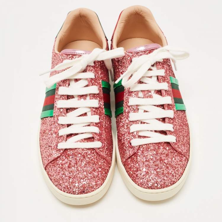 Pre Owned Gucci Pink Glitter Ace Low Top Sneakers Size 37