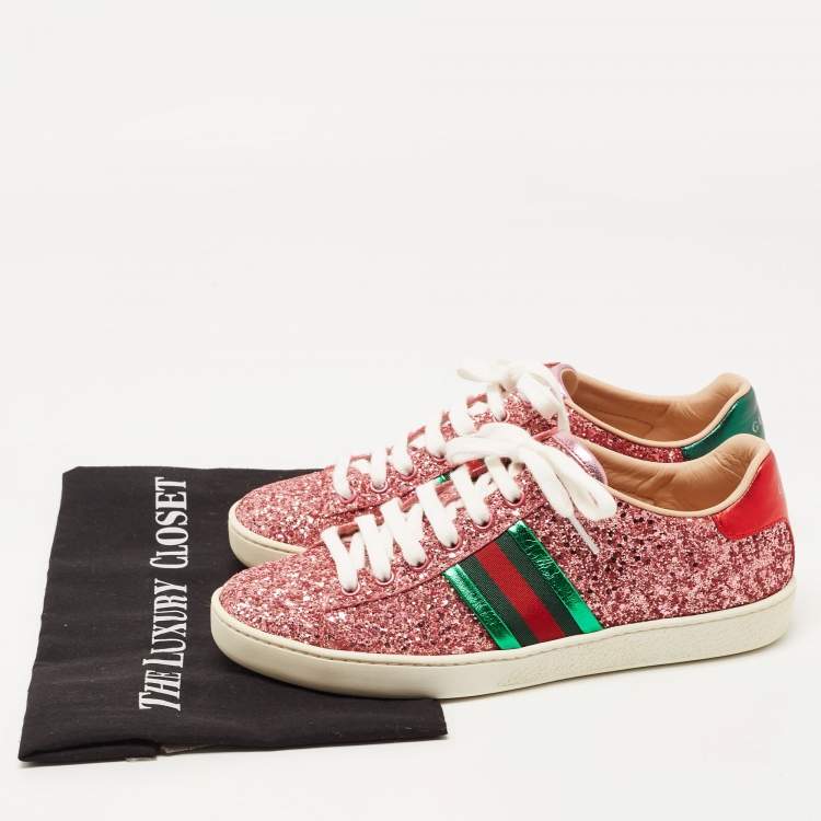 Pre Owned Gucci Pink Glitter Ace Low Top Sneakers Size 37