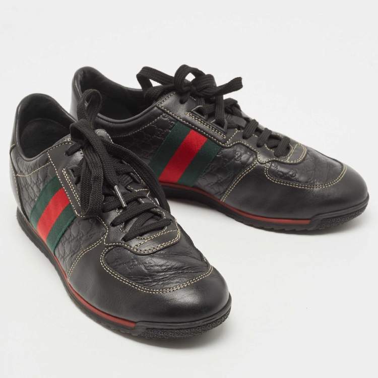 Pre Owned Gucci Black Guccissima Leather Web Low Top Sneakers Size 38