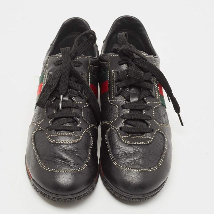 Pre Owned Gucci Black Guccissima Leather Web Low Top Sneakers Size 38