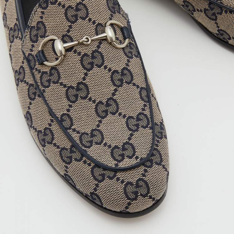 Pre Owned Gucci Beige/Blue GG Canvas and Leather Jordaan Horsebit Loafers Size 37.5