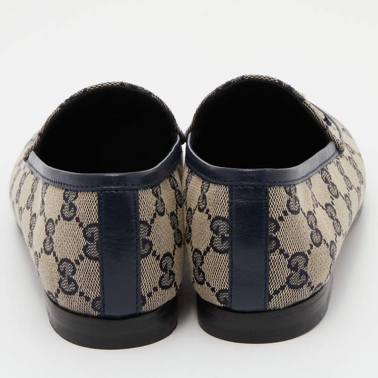Pre Owned Gucci Beige/Blue GG Canvas and Leather Jordaan Horsebit Loafers Size 37.5