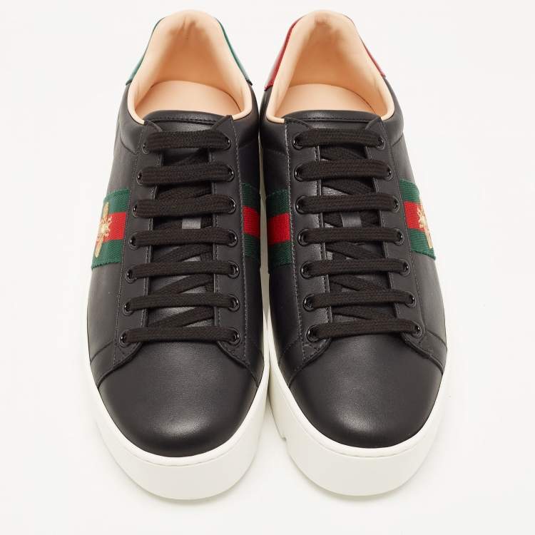 Pre Owned Gucci Black Leather Ace Lace Up Sneakers Size 38.5