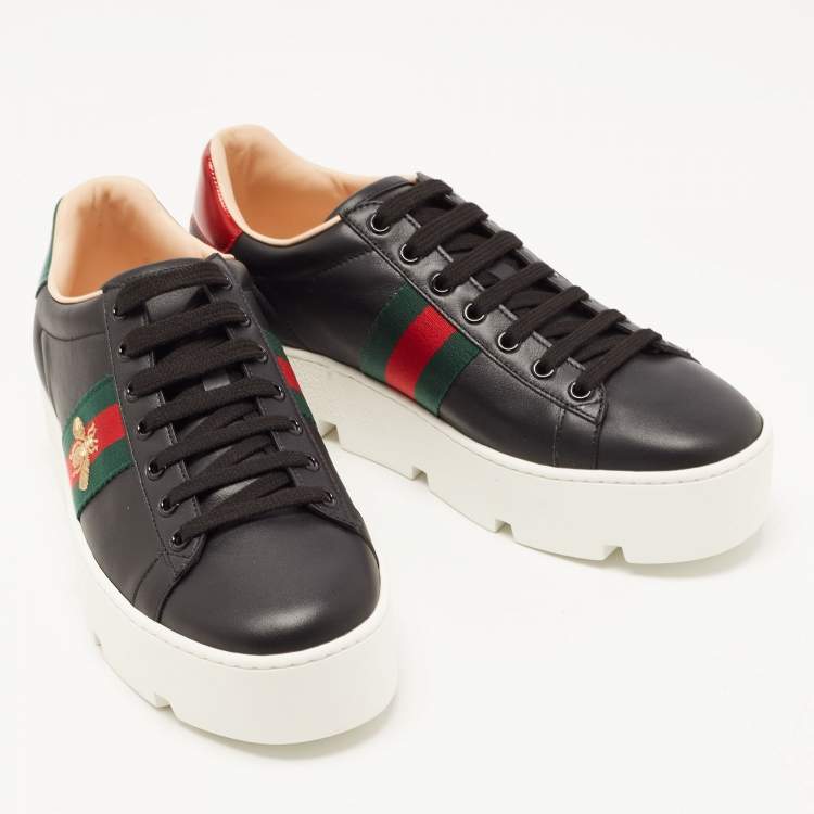 Pre Owned Gucci Black Leather Ace Lace Up Sneakers Size 38.5