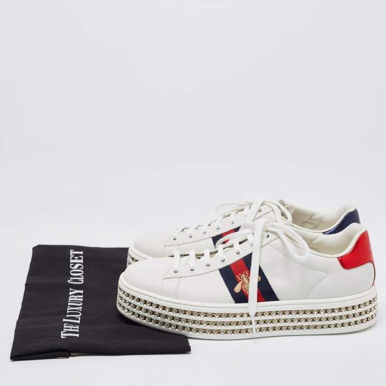 Pre Owned Gucci White Leather Embroidered Bee Crystal Embellished Platform New Ace Sneakers Size 38