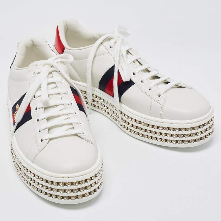 Pre Owned Gucci White Leather Embroidered Bee Crystal Embellished Platform New Ace Sneakers Size 38