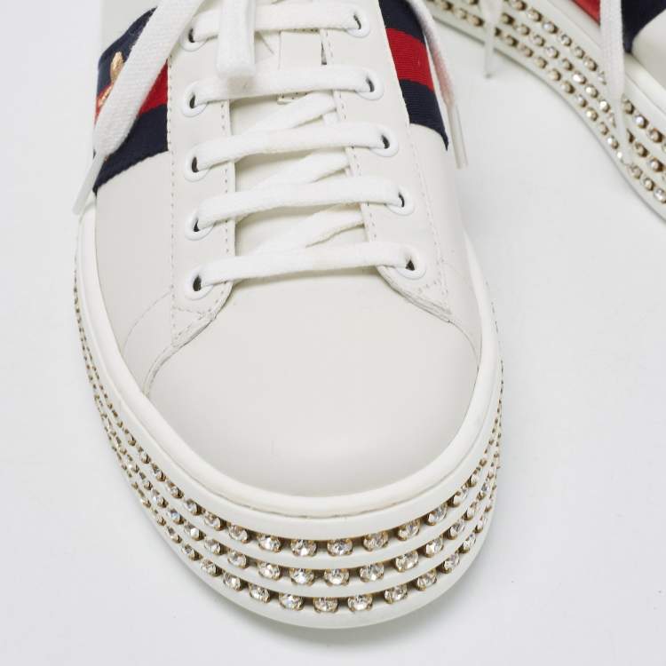 Pre Owned Gucci White Leather Embroidered Bee Crystal Embellished Platform New Ace Sneakers Size 38