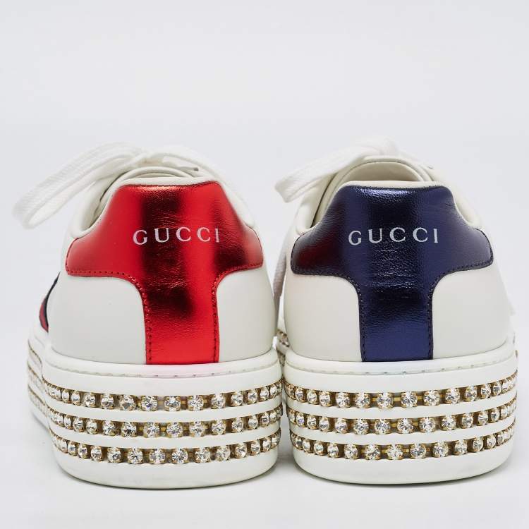 Pre Owned Gucci White Leather Embroidered Bee Crystal Embellished Platform New Ace Sneakers Size 38