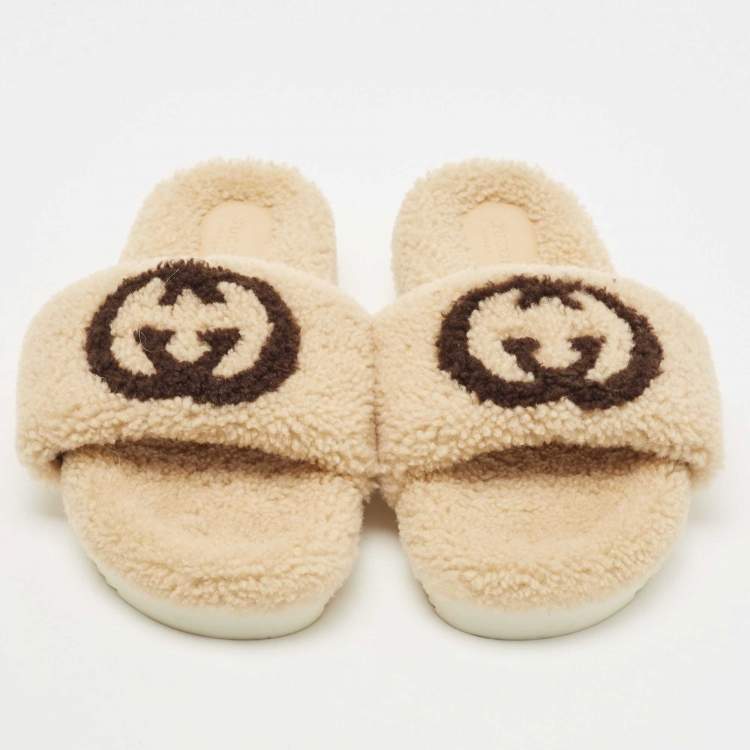 Pre Owned Gucci Beige Shearling Fur Interlocking G Slides Size 38