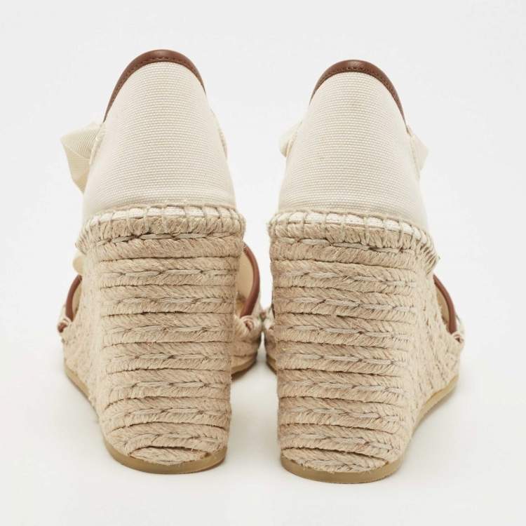 Pre Owned Gucci Cream Canvas and leather Web Espadrille Wedge Sandals Size 36.5