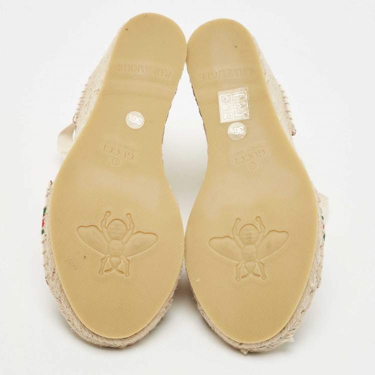 Pre Owned Gucci Cream Canvas and leather Web Espadrille Wedge Sandals Size 36.5