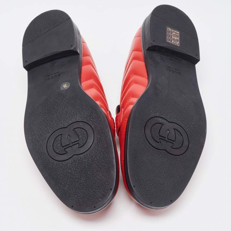 Pre Owned Gucci Red Leather Double G Loafers Size 39
