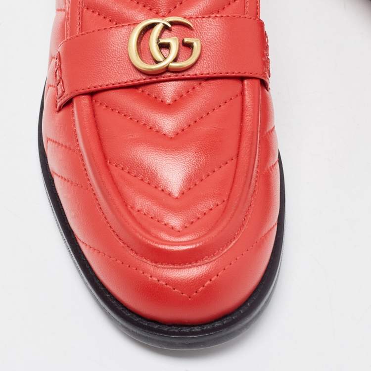 Pre Owned Gucci Red Leather Double G Loafers Size 39
