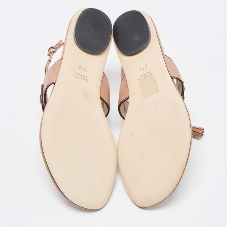 Pre Owned Gucci Brown Leather T-Strap Flat Sandals Size 37.5