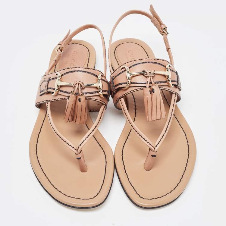 Pre Owned Gucci Brown Leather T-Strap Flat Sandals Size 37.5