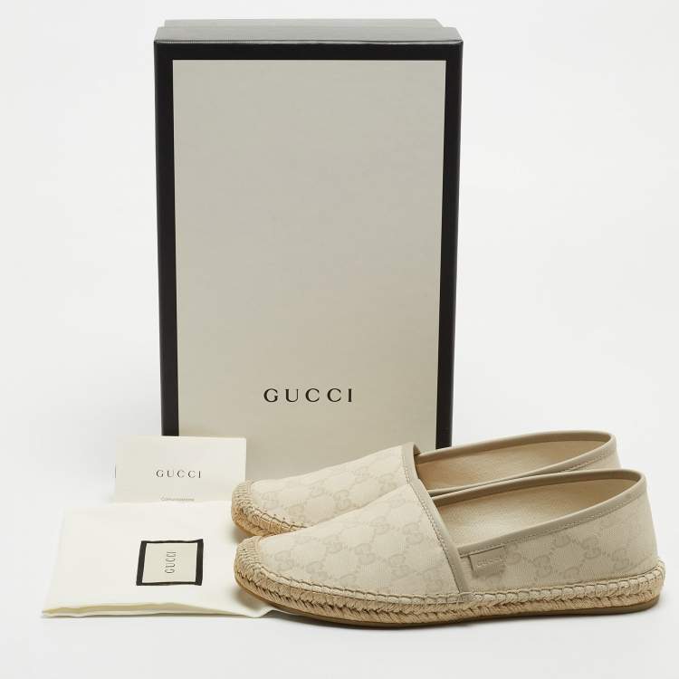 Pre Owned Gucci Cream/Grey GG Leather And Canvas Espadrille Flats Size 38