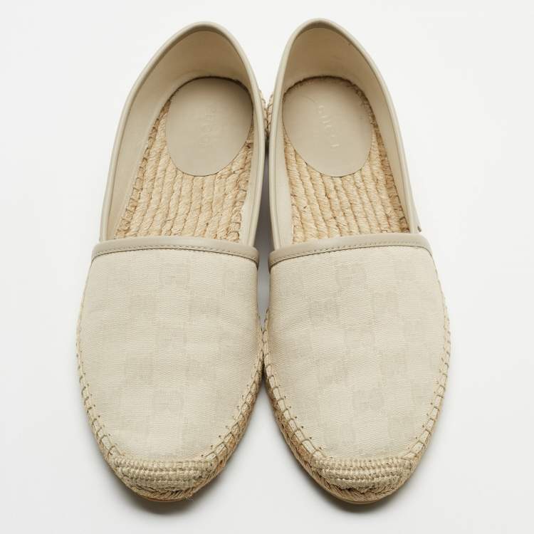 Pre Owned Gucci Cream/Grey GG Leather And Canvas Espadrille Flats Size 38