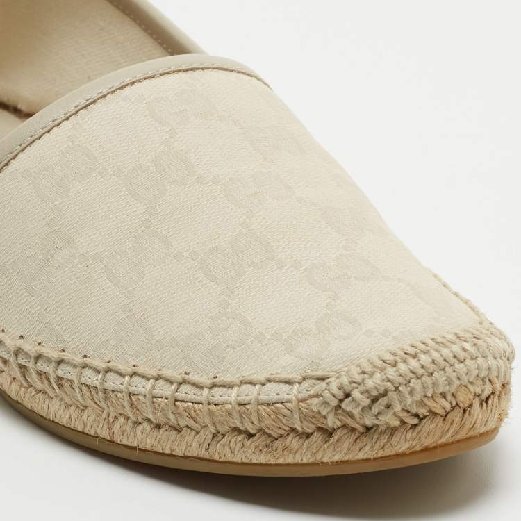 Pre Owned Gucci Cream/Grey GG Leather And Canvas Espadrille Flats Size 38