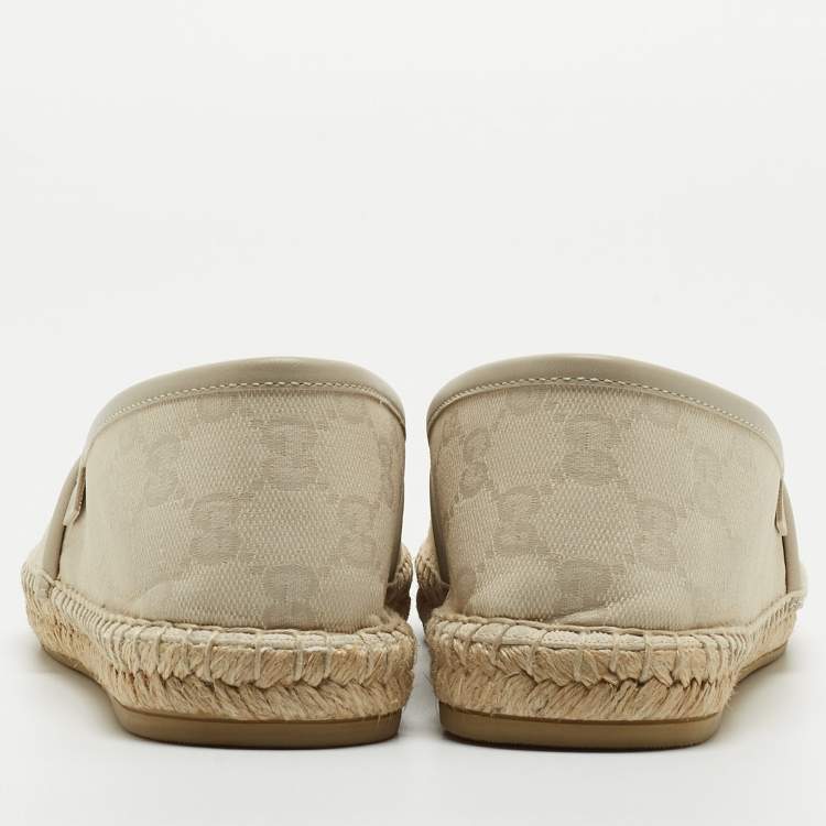 Pre Owned Gucci Cream/Grey GG Leather And Canvas Espadrille Flats Size 38