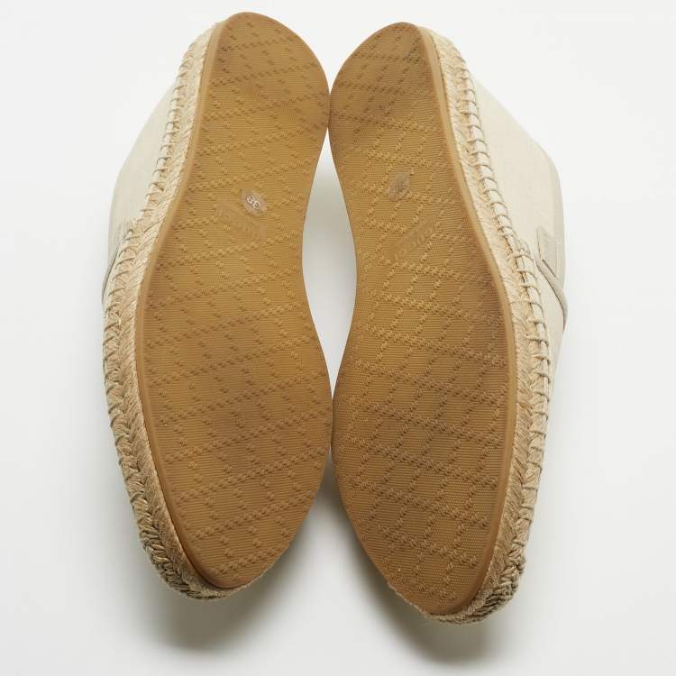 Pre Owned Gucci Cream/Grey GG Leather And Canvas Espadrille Flats Size 38