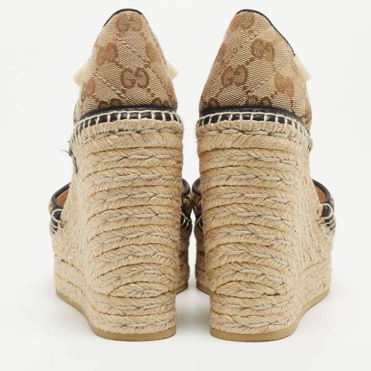 Pre Owned Gucci Brown GG Canvas Wedge Espadrille Sandals Size 36