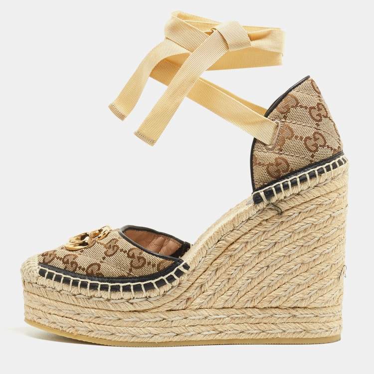 Pre Owned Gucci Brown GG Canvas Wedge Espadrille Sandals Size 36