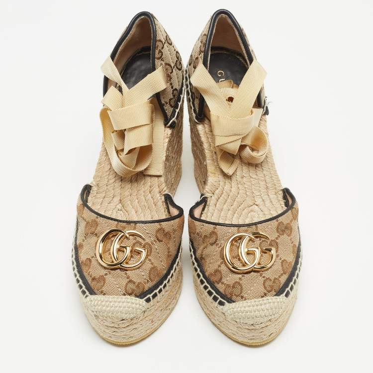 Pre Owned Gucci Brown GG Canvas Wedge Espadrille Sandals Size 36