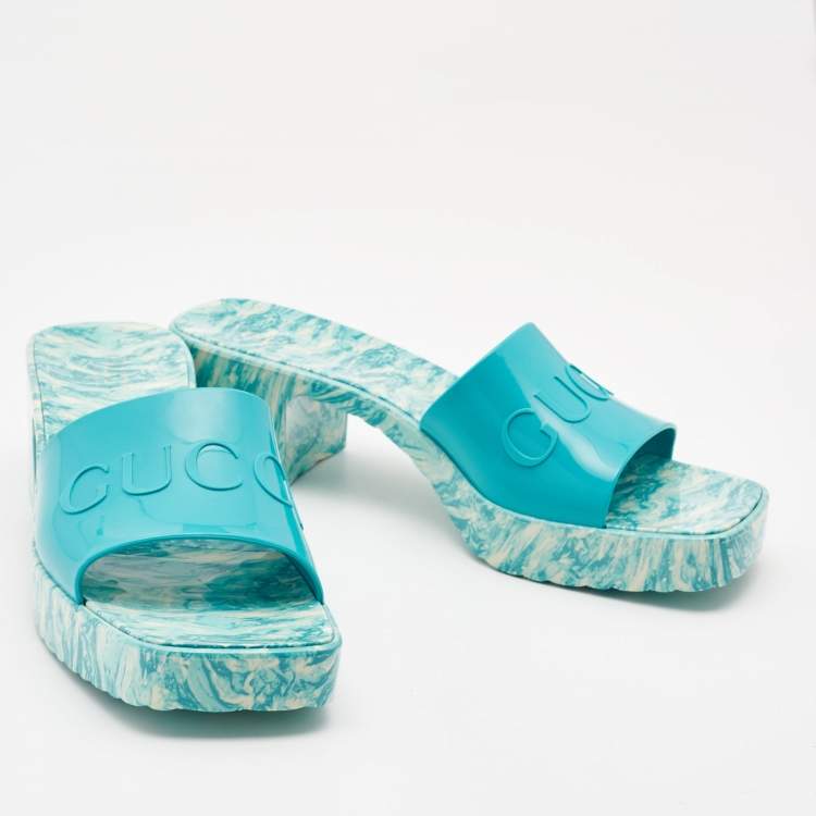 Pre Owned Gucci Green Rubber Marble Detail Block Heel Slide Sandals Size 40