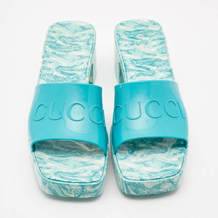 Pre Owned Gucci Green Rubber Marble Detail Block Heel Slide Sandals Size 40
