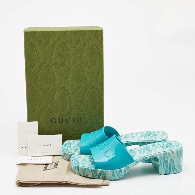 Pre Owned Gucci Green Rubber Marble Detail Block Heel Slide Sandals Size 40