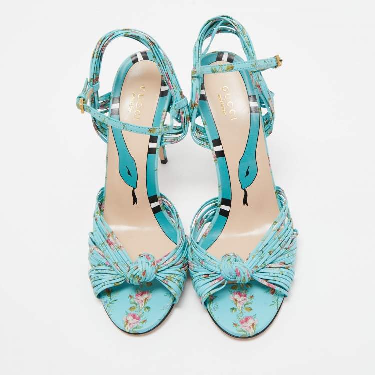 Pre Owned Gucci Blue Floral Print Leather Allie Sandals Size 40