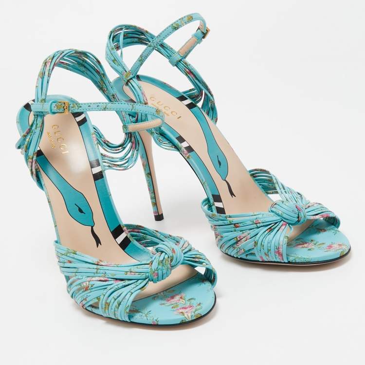 Pre Owned Gucci Blue Floral Print Leather Allie Sandals Size 40