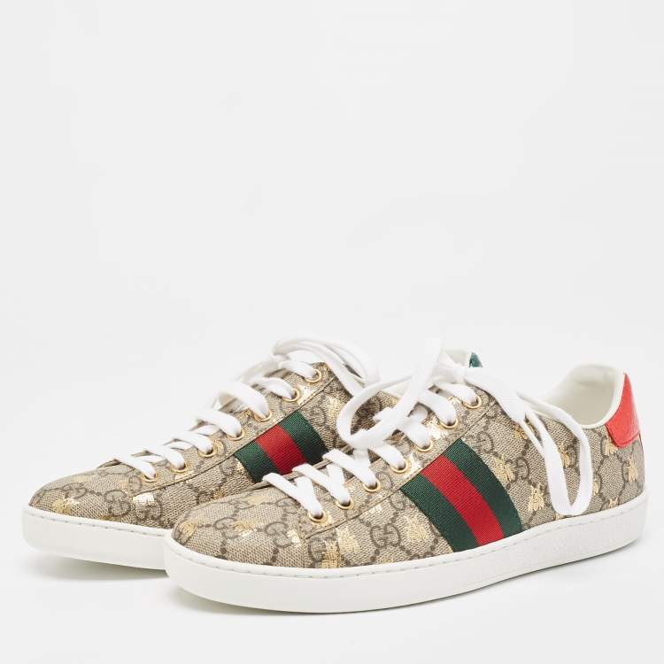 Gucci Brown Beige GG Supreme Canvas Printed Bee Ace Sneakers Size 38 Gucci TLC