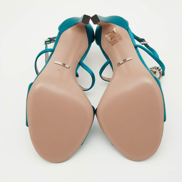 Pre Owned Gucci Teal Satin Crystal Embellished Interlocking G Ankle Strap Sandals Size 36