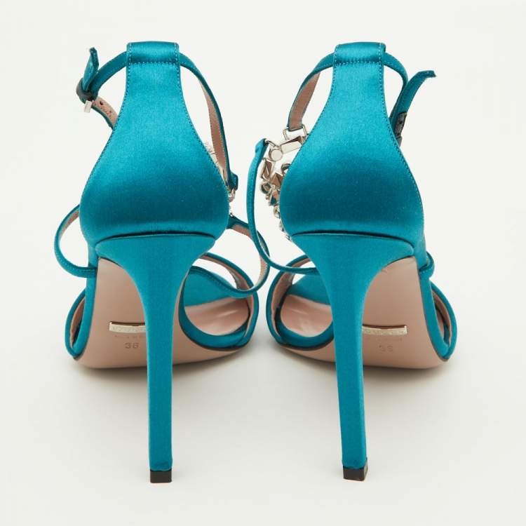 Pre Owned Gucci Teal Satin Crystal Embellished Interlocking G Ankle Strap Sandals Size 36
