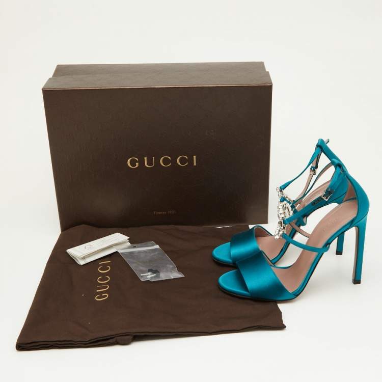 Pre Owned Gucci Teal Satin Crystal Embellished Interlocking G Ankle Strap Sandals Size 36