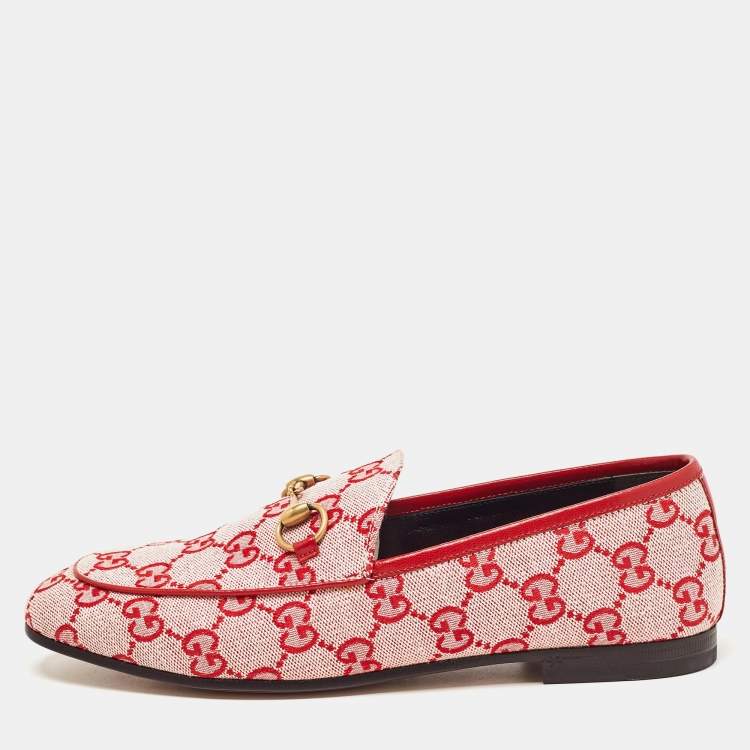 Pre Owned Gucci Red GG Canvas Jordaan Horsebit Loafers Size 36.5