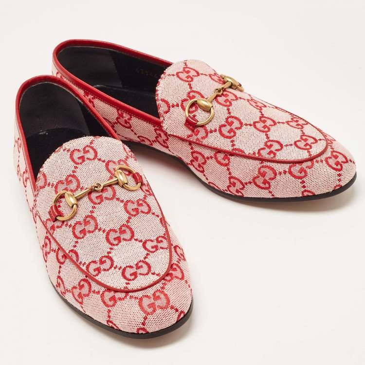 Pre Owned Gucci Red GG Canvas Jordaan Horsebit Loafers Size 36.5