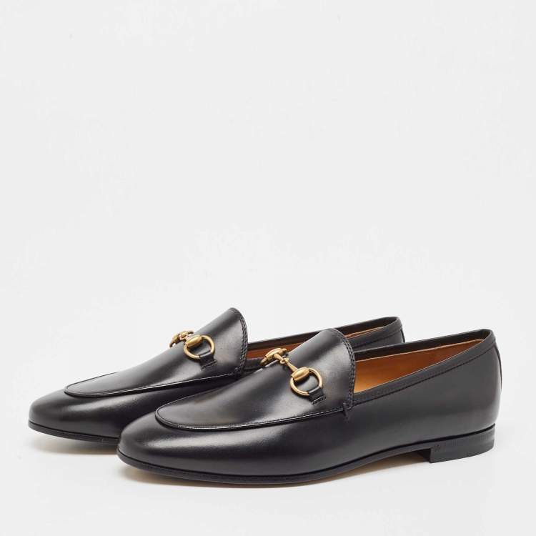 Pre Owned Gucci Black Leather Jordaan Horsebit Slip On Loafers Size 37