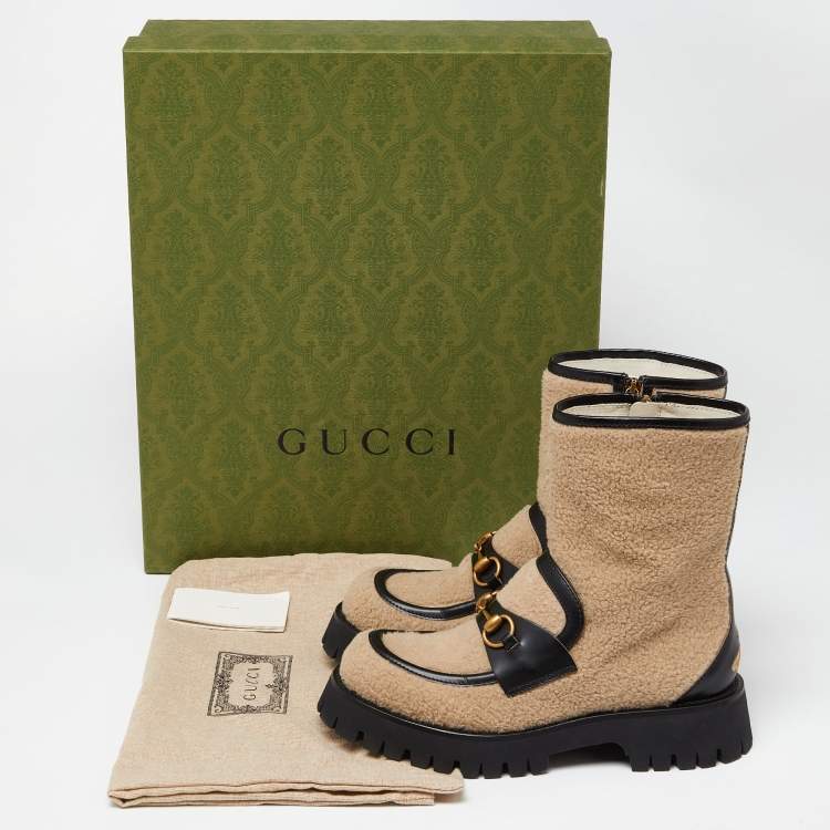 Pre Owned Gucci Beige/Black Wool and Leather Bee Embroidered Horsebit Ankle Boots Size 39
