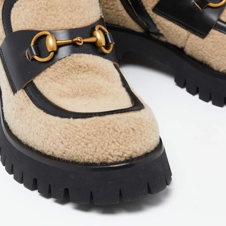 Pre Owned Gucci Beige/Black Wool and Leather Bee Embroidered Horsebit Ankle Boots Size 39