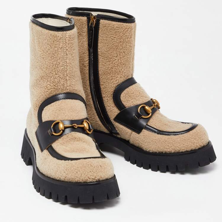 Pre Owned Gucci Beige/Black Wool and Leather Bee Embroidered Horsebit Ankle Boots Size 39