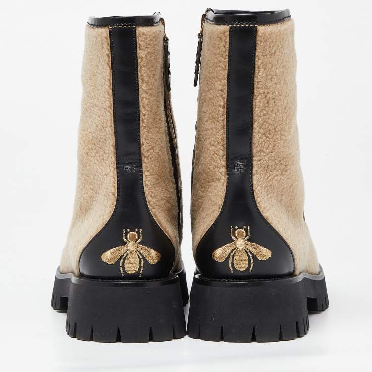 Pre Owned Gucci Beige/Black Wool and Leather Bee Embroidered Horsebit Ankle Boots Size 39