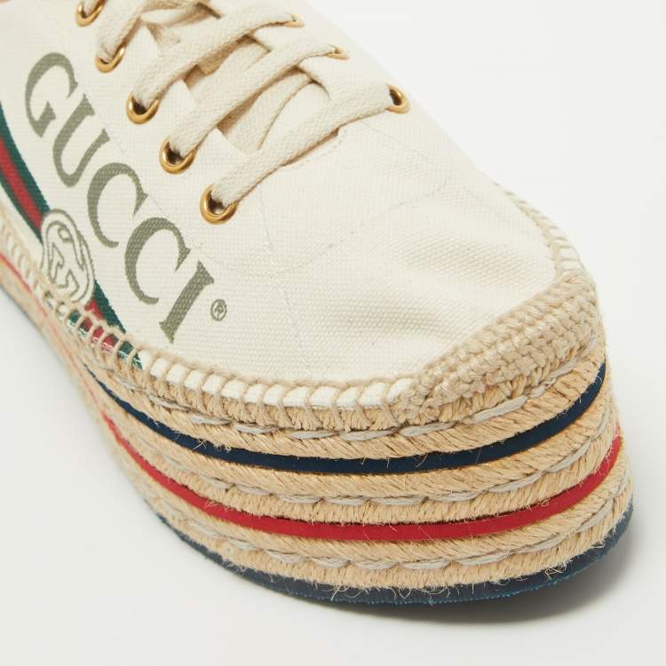 Pre Owned Gucci Cream Canvas Logo Print Espadrille Platform Sneakers Size 41