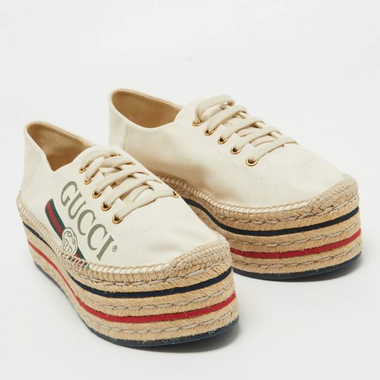 Pre Owned Gucci Cream Canvas Logo Print Espadrille Platform Sneakers Size 41
