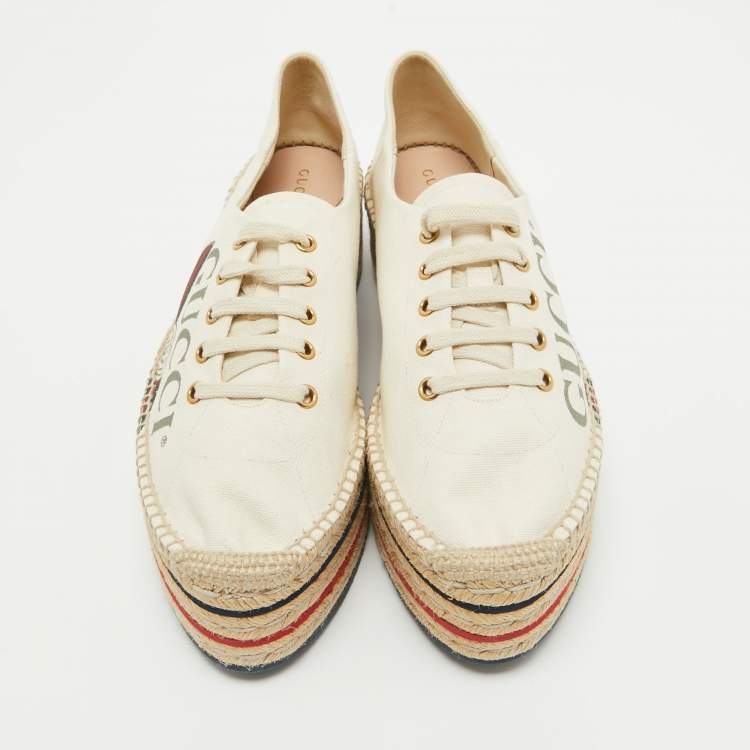 Pre Owned Gucci Cream Canvas Logo Print Espadrille Platform Sneakers Size 41