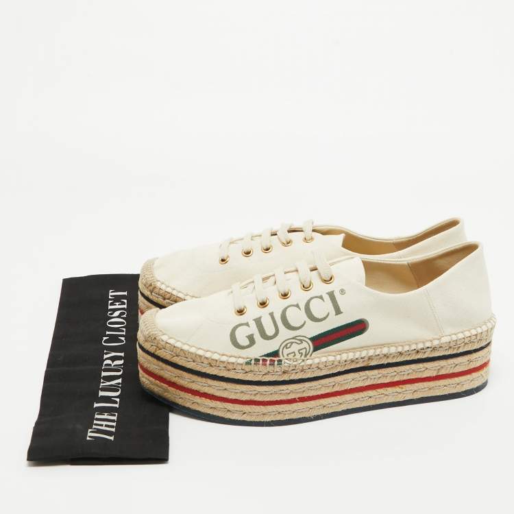Pre Owned Gucci Cream Canvas Logo Print Espadrille Platform Sneakers Size 41