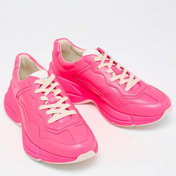 Pre Owned Gucci Neon Pink Leather Rhyton Sneakers Size 39